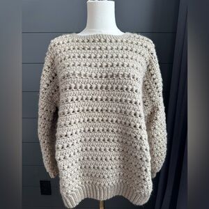 Crocheted Beige Knit Long Sleeve Sweater Handmade Cottagecore Cozy Winter